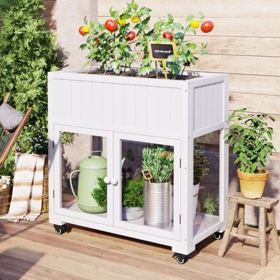 

35.4''x17.7''x37.4'' Mini Wood Cold Frame Compact 2 Doors Garden Greenhouse with Wheels Raised Bed with Liner for Indoor Outdoo