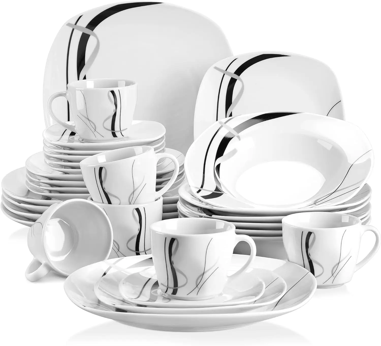 30-Piece Dinnerware Sets for 6,White Dishes Set with Black and Gray Stripes,Including Dessert Plates, Soup Plates, Dinner Plates