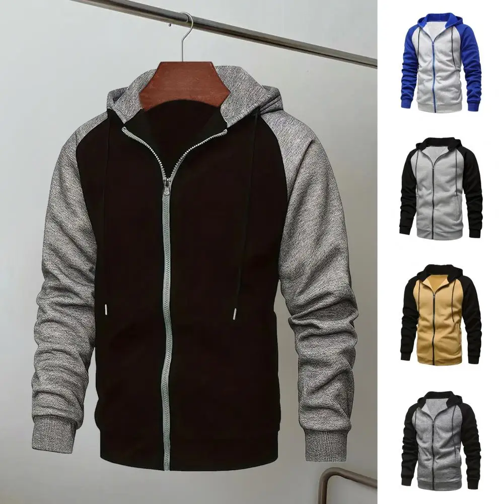 

Soft Long Sleeve Hoodie Contrasting Color Men's Hoodie with Drawstring Hood Zip-up Design Plush Stretchy Hem Sport Fitness