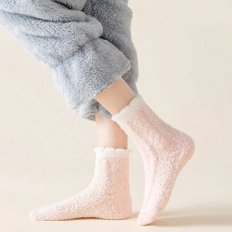 4 Pairs Women Winter Warm Thick Fuzzy Fluffy Home Slipper Socks Thermal Sleeping Socks Cute Soft Fashio