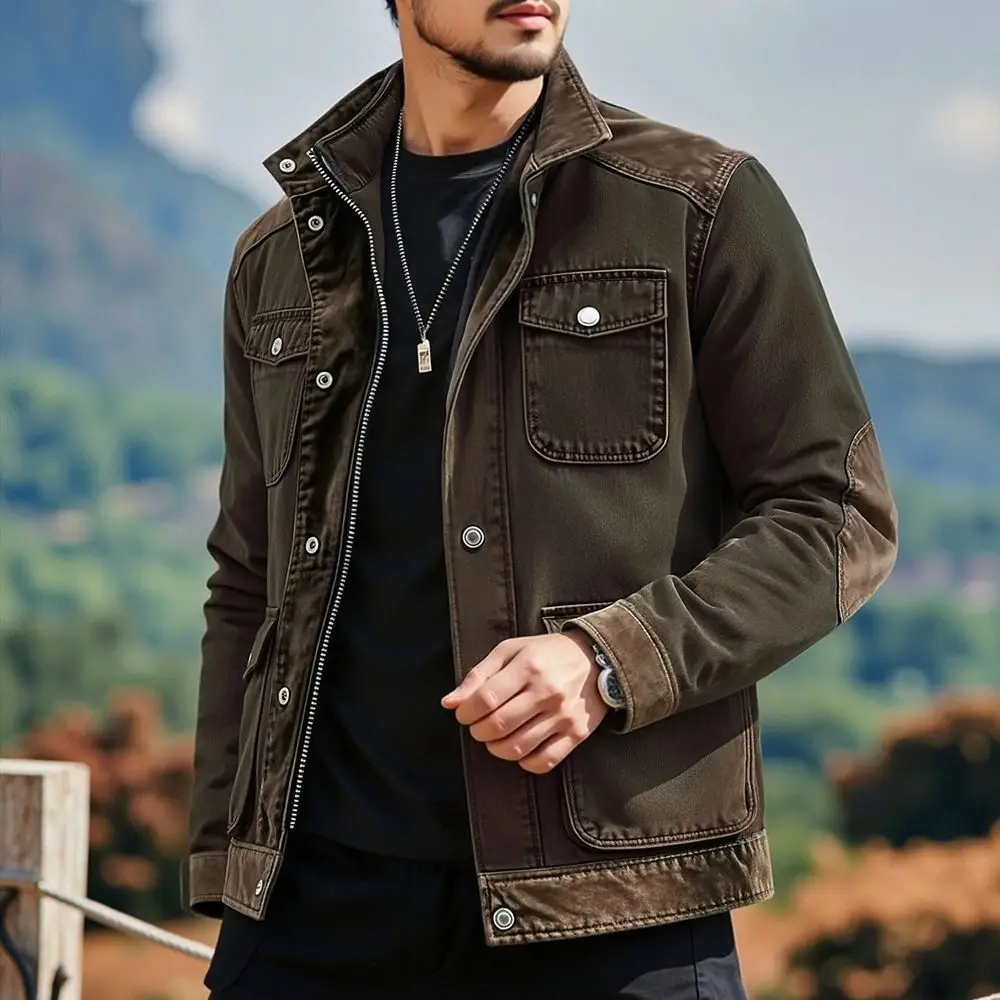 Multi-Pocket Denim Jacket Men's Casual Open Front European Size Outerwear