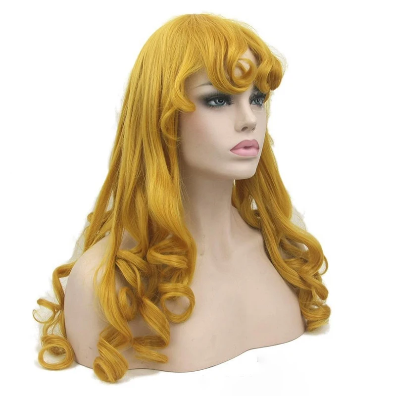 Aurora Princess Cos Wig Cover Ball Woman Evening Dress Match Headwear Yellow Long Curly Hair Anime Sleeping Beauty Heroine Wig