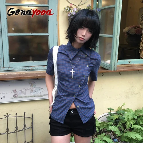 Genayooa-camisa informal a cuadros Vintage para mujer, Tops Y2k de manga corta, camisa japonesa de verano de los años 2000, camisetas irregulares Retro americanas de los años 90