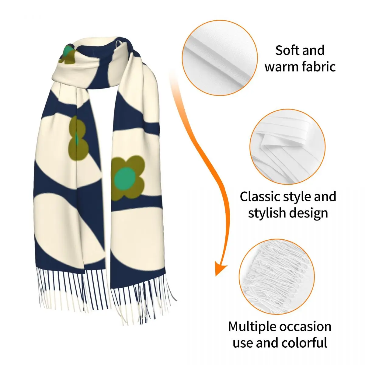 Custom Print Wild Rose Stem Navy Orla Kiely Tassel Scarf Women Winter Warm Shawls Wraps Ladies Fashion Versatile Female Scarves