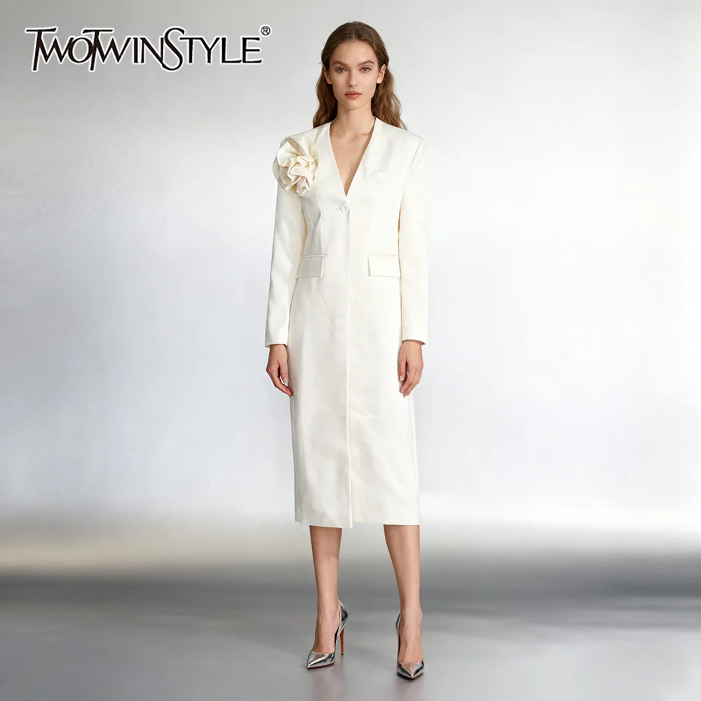 

TWOTWINSTYLE Slimming Spliced 3D Flower Long Blazers for Women V Neck Long Sleeves Tunic Elegant Blazer Female Fashion Clothing