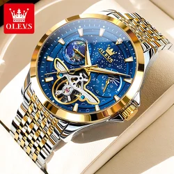 OLEVS Fashion Blue Mechanical Watch for Men Stainless Steel Waterproof Luminous Moon Phase Luxury Tourbillon Watches Men Relogio