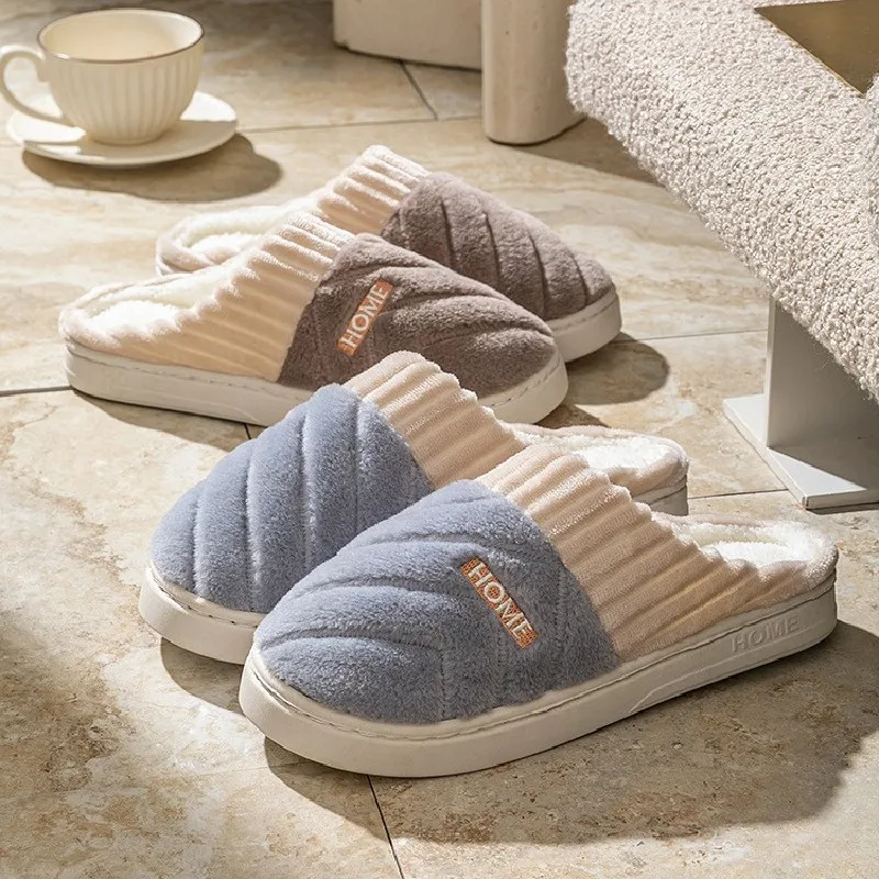 

Fashion Winter Fluffy Slippers Thick Sole Plush Flats Couples Bedroom Warm Soft Sole Slipper Women Home Non-slip Cotton Shoes