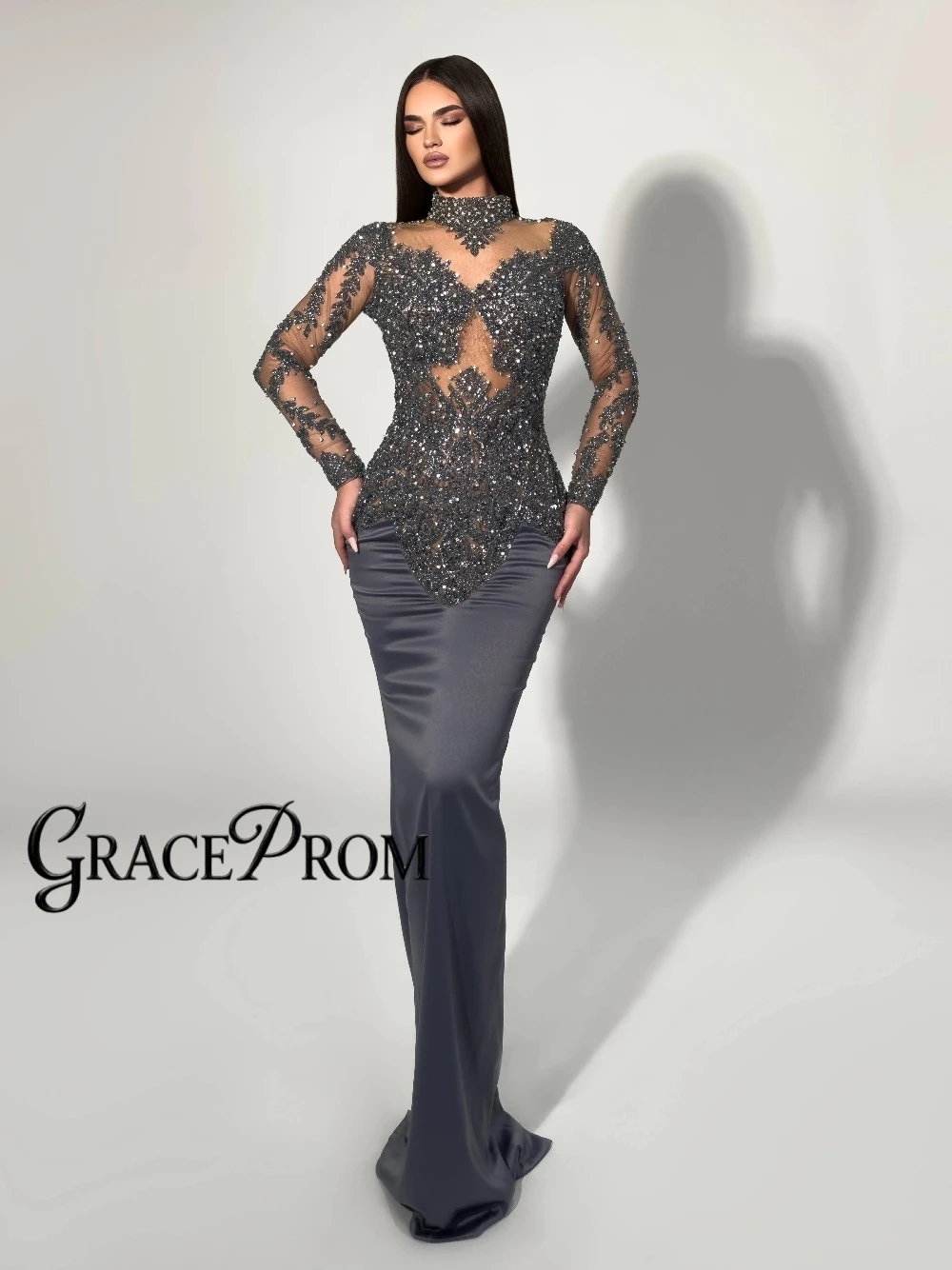 

Sexy Cut Out High Neck Sheer Mesh Evening Dress Long Sleeve Beaded Shiny Slim Fit Mermaid Satin Gown For Prom & Cocktail Party