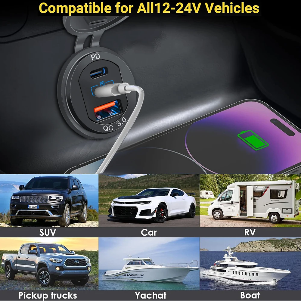 12 В/24 В USB-разъем для автомобильного зарядного устройства PD и порта QC3.0 Type-c, водонепроницаемый алюминиевый сплав со светодиодом, 78 Вт/66 Вт, адаптер для быстрой зарядки автомобиля, мото