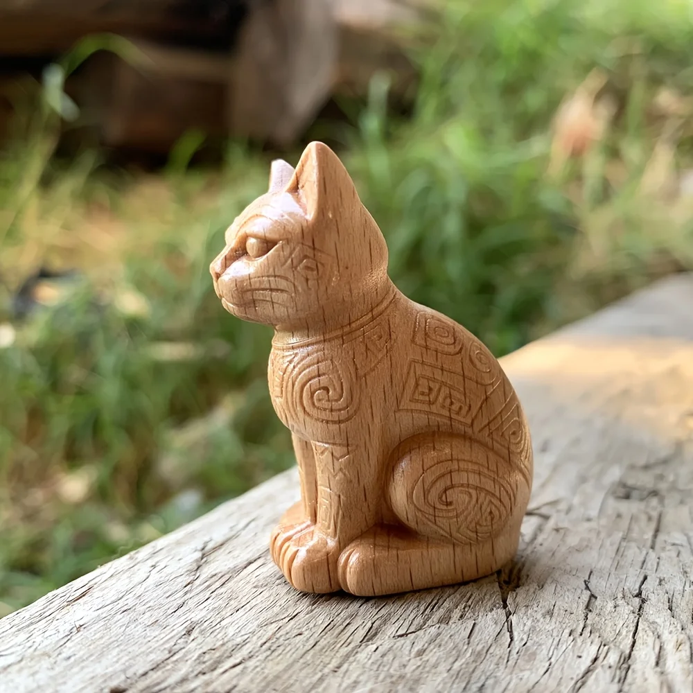 Solid Wood Hand-Carved Wooden Cat Totem Statue, Animal-Themed, Suitable for Creative Desktop Decorations, Back-To-School Season Gifts, Home Decor, Party Decorations, Fireplace, New Year Gifts, Bedroom, Statue Ornament