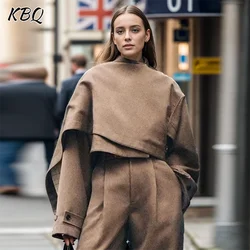 KBQ Irreguler Casual Short Coats For Women Stand Collar Long Sleeve Spliced Button Solid Minimalist Loose Coat Female Fashion