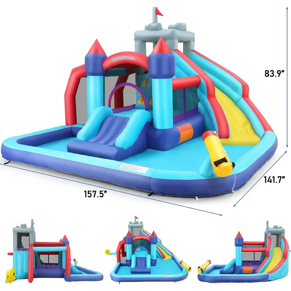 Parco di scivoli d'acqua Iatable, scivoli d'acqua Iatable Bounce House per bambini - Parete da arrampicata, 2 diapositive, area paraspruzzi e trampolino – Facile