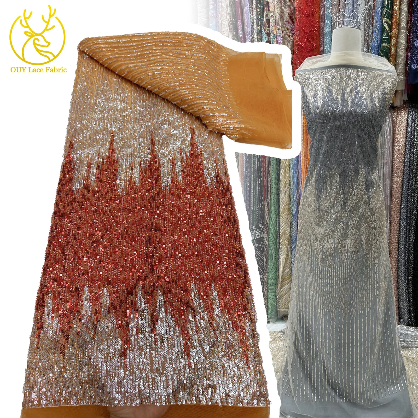 

French Beaded Sequin Lace Fabric 2025 High Quality 5 Yards Mesh Tulle African Lace Fabric Nigerian Women Wedding Dresses
