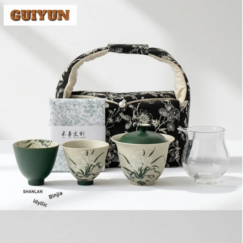 

Ручная роспись орхидеи, дорожный чайный сервиз, набор Zen 1, чаша, 2 чашки, домашний органайзер для заваривания чая, портативный уличный сумочка, украшения