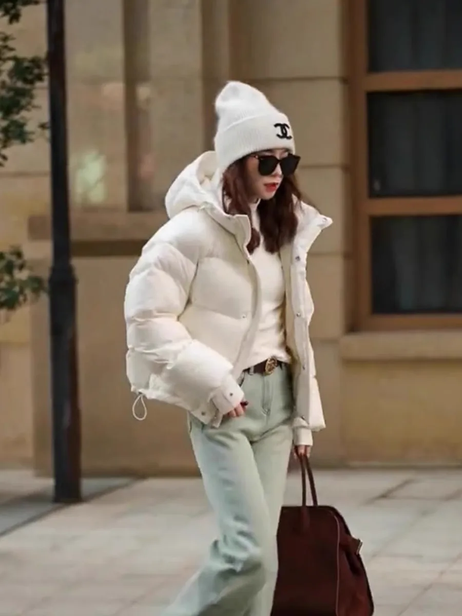 Płaszcz zimowy damski z białego puchu, stylizowany na chlebak, z wysokim stanem, długi rękaw, wysokiej jakości włókno poliestrowe, ciepły.