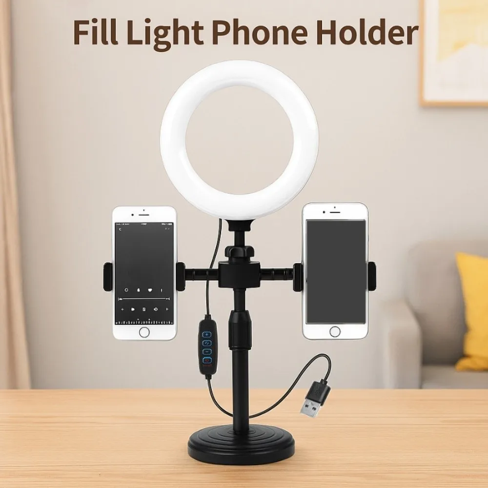 Dual Phone Position Fill Light Phone Holder Lighting Bracket Portable Live Streaming Fill Light Universal Stable Base