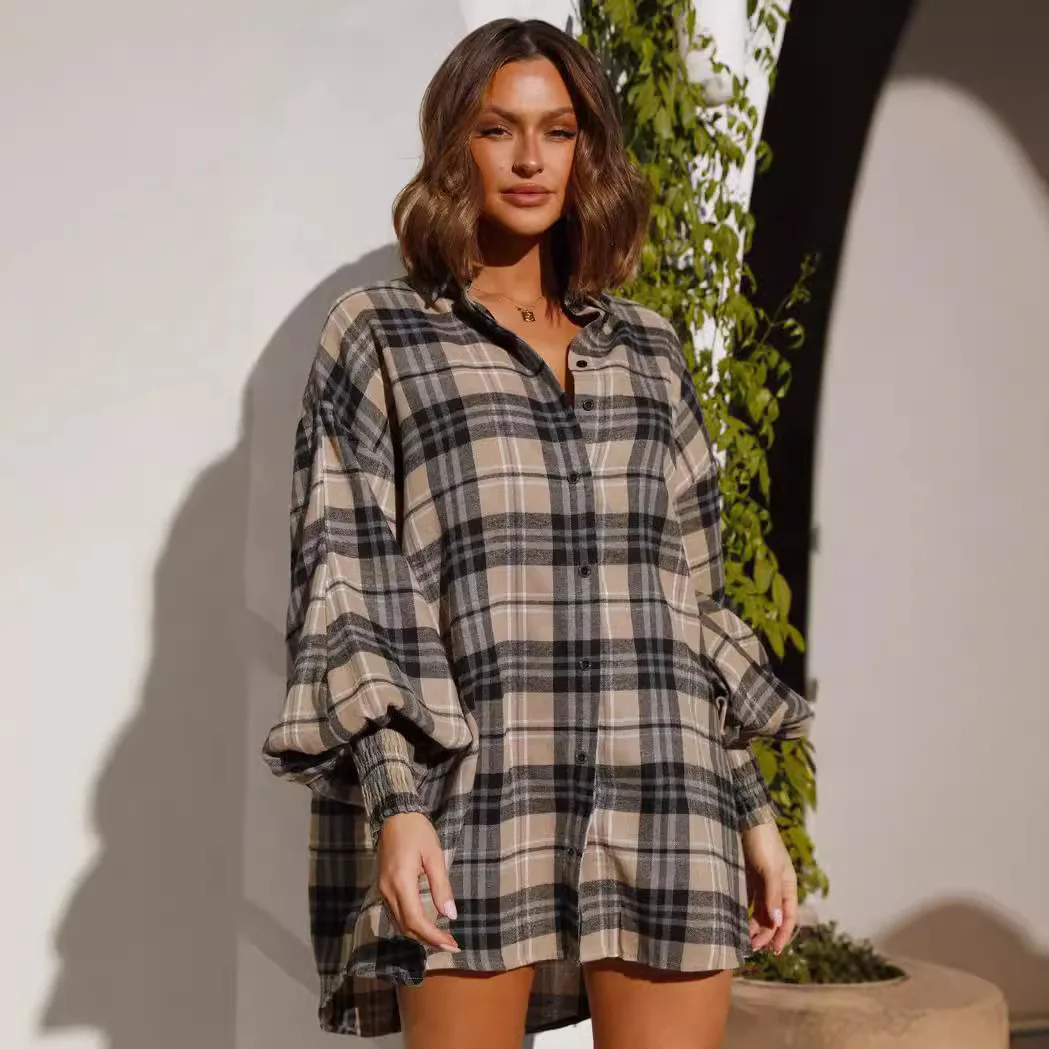 

25 Year Autumn And Winter Casual Fashion Plaid Lantern Sleeve Long Sleeved Shirt 22120