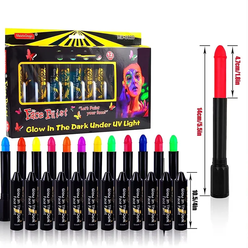 12 Colors Glow Neon Oil Face Body Paint Crayons UV Neon Glow Fluorescent Painting Halloween Party Art Makeup Kit