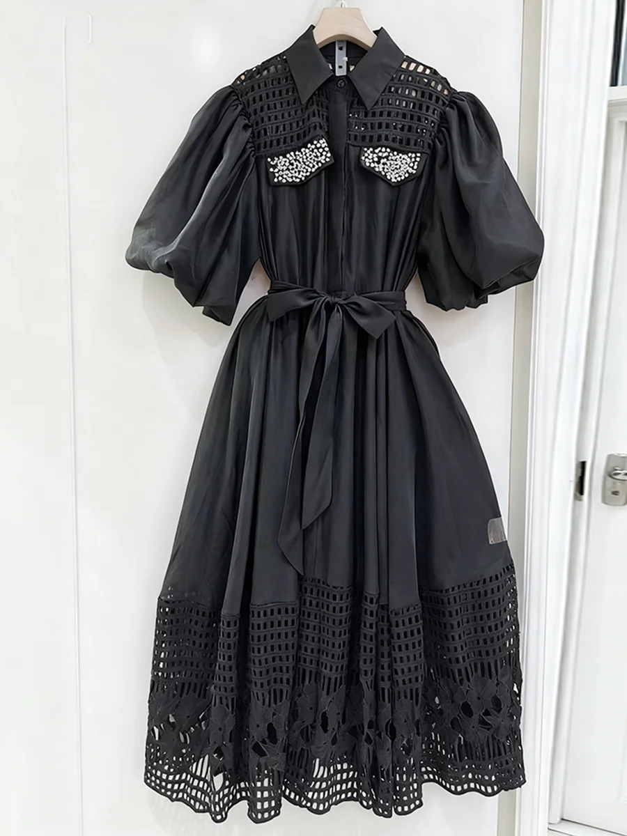 VGH elegante vestido Midi blanco de fiesta para mujer Laple media manga cintura alta Patchwork ahuecado vestidos florales ropa femenina