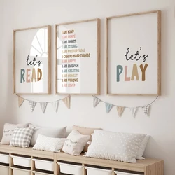 3pcs Let's Play Let's Read Positive Affirmations Wall Art Canvas Painting Poster For Nursery Child Kids Playroom Room Home Decor