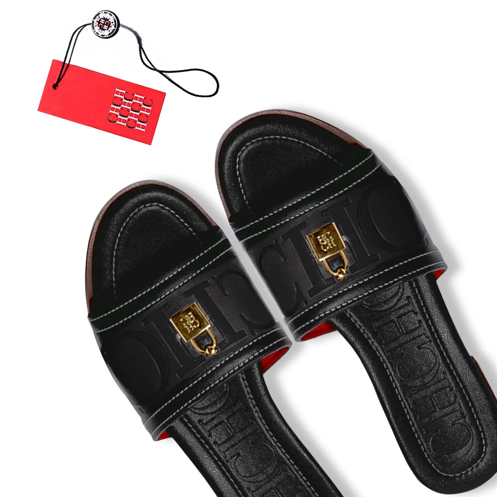 Women Flat Sandal Open Toe Leather Strap Gold Lock Charm Comfortable Sole Red Gift Box Fashion Trendy Casual Summer