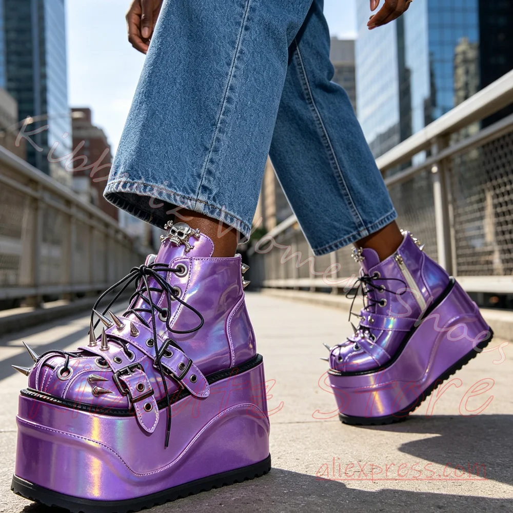 Women Platform Wedge Ankle Boots Skull Spike Decor Lace Up Side Zipper Leather Upper Punk Goth Festival Cosplay Footwear Elegant