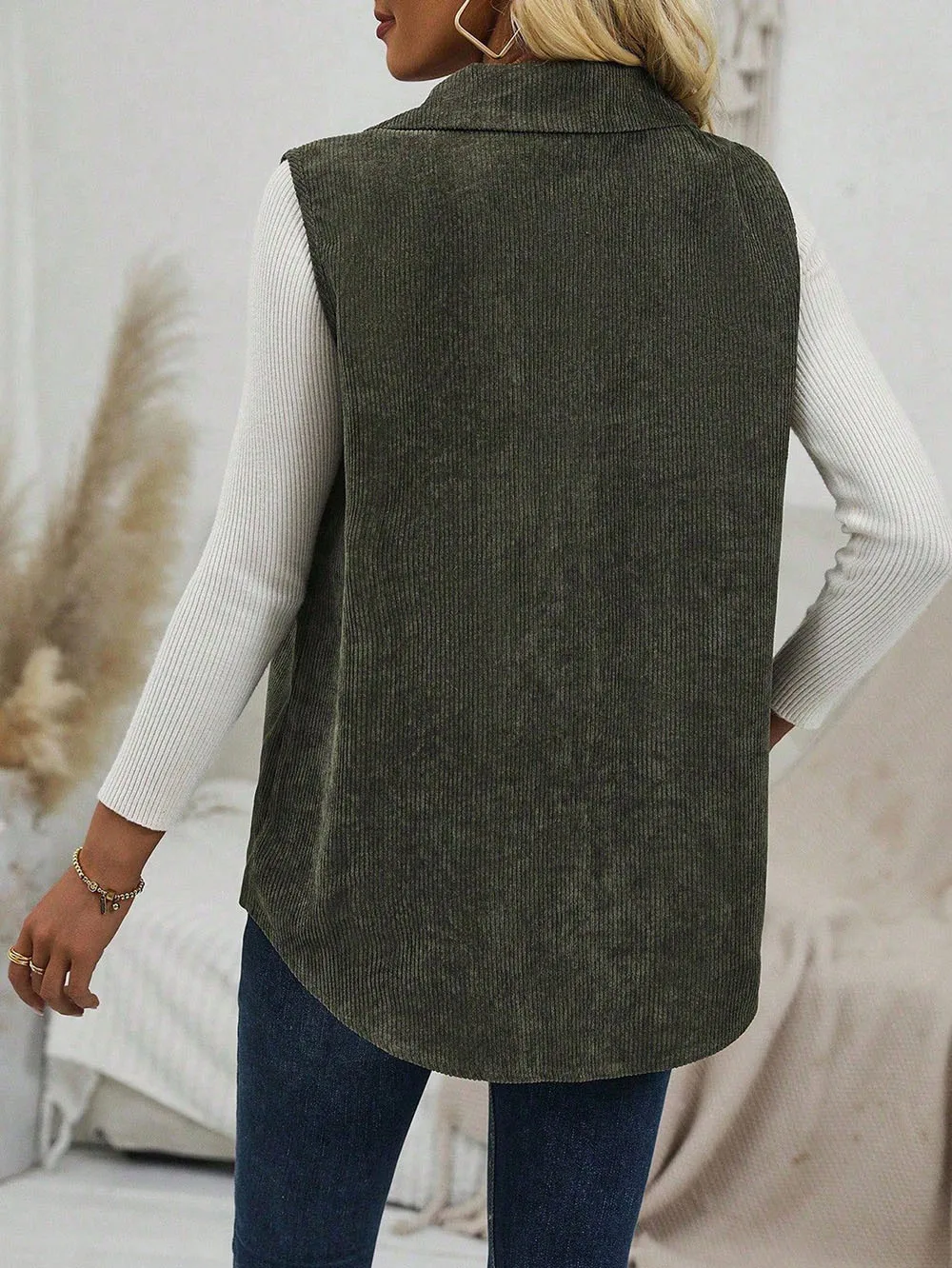 Chaleco de pana para ir al trabajo a la moda, chaqueta sin mangas con solapa de Color sólido, chaleco informal para mujer