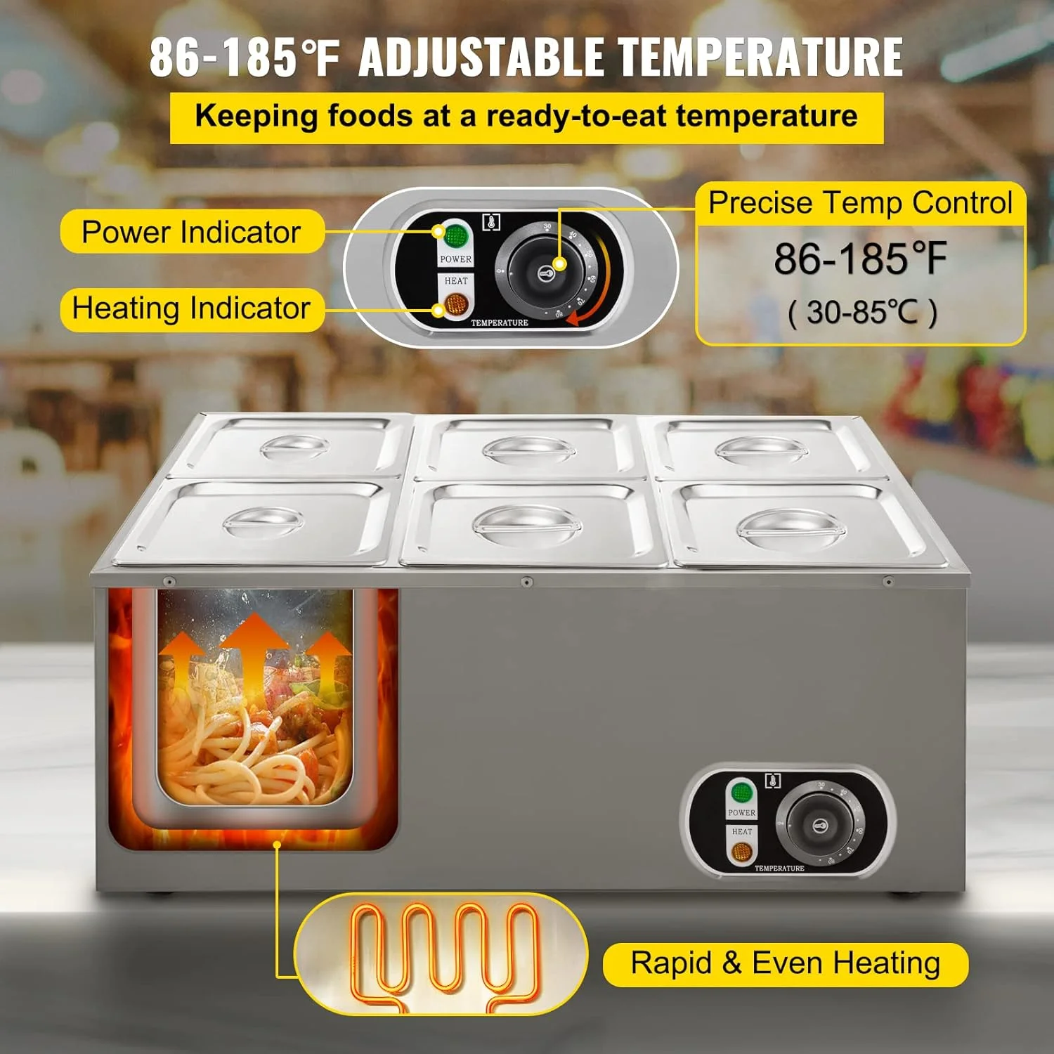 6 Tanks Commercial Bain Marie Food Warmer Electric Food Soup Warmer Stove Tabletop Stainless Steel Container Temperature Control