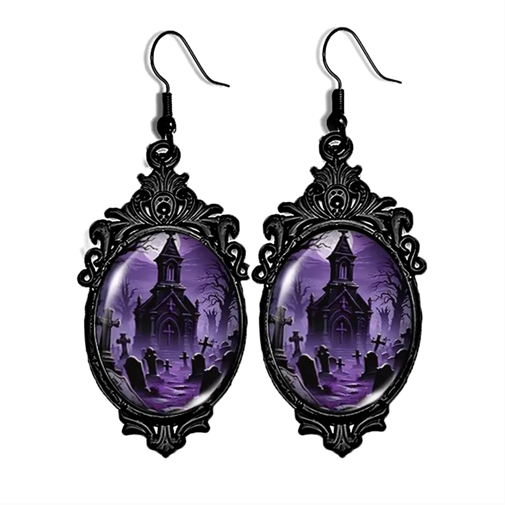 New Halloween Grave Yard Drop Earring for Women Punk Black Color Earrings Oval Glass Jewelry Gifts for Party