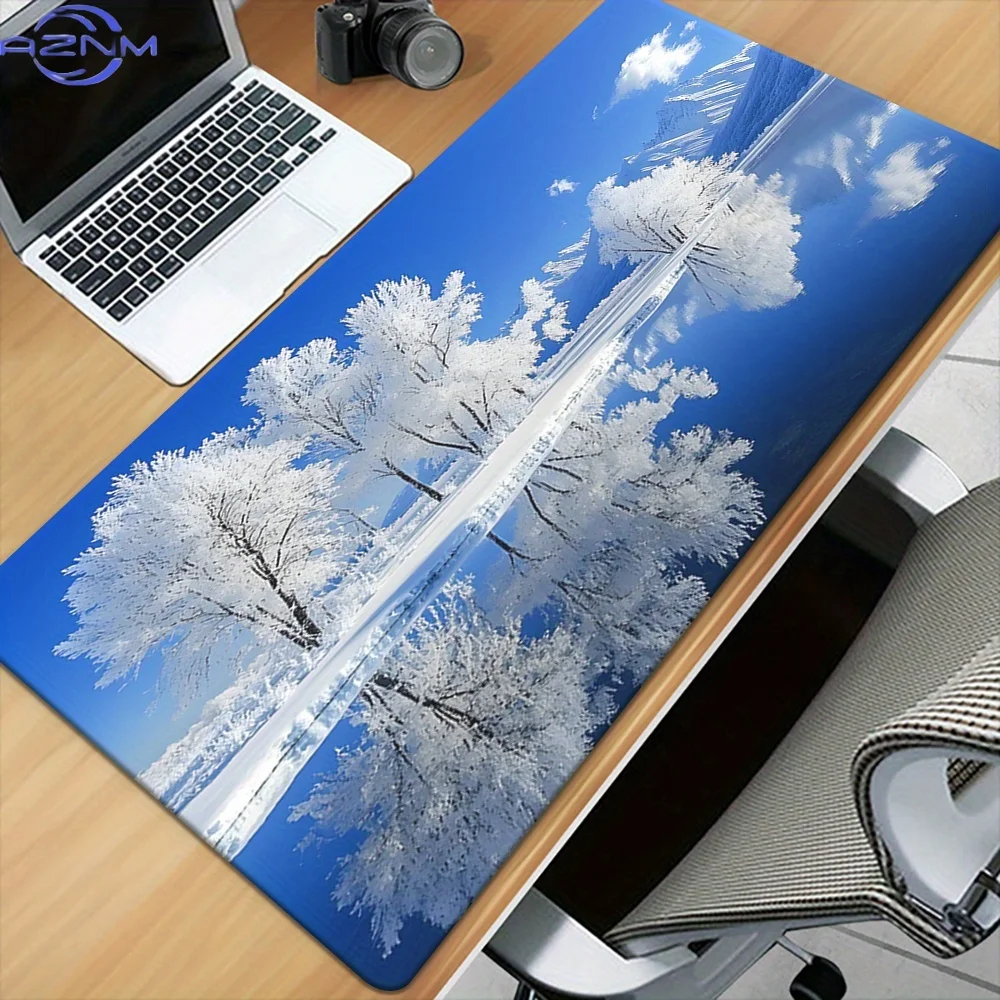 1pc Extra Large XXL Computer Mouse Pad - Non-Slip Rubber Base, Winter Snowy Landscape Design with Pine Trees & Mountains, Large