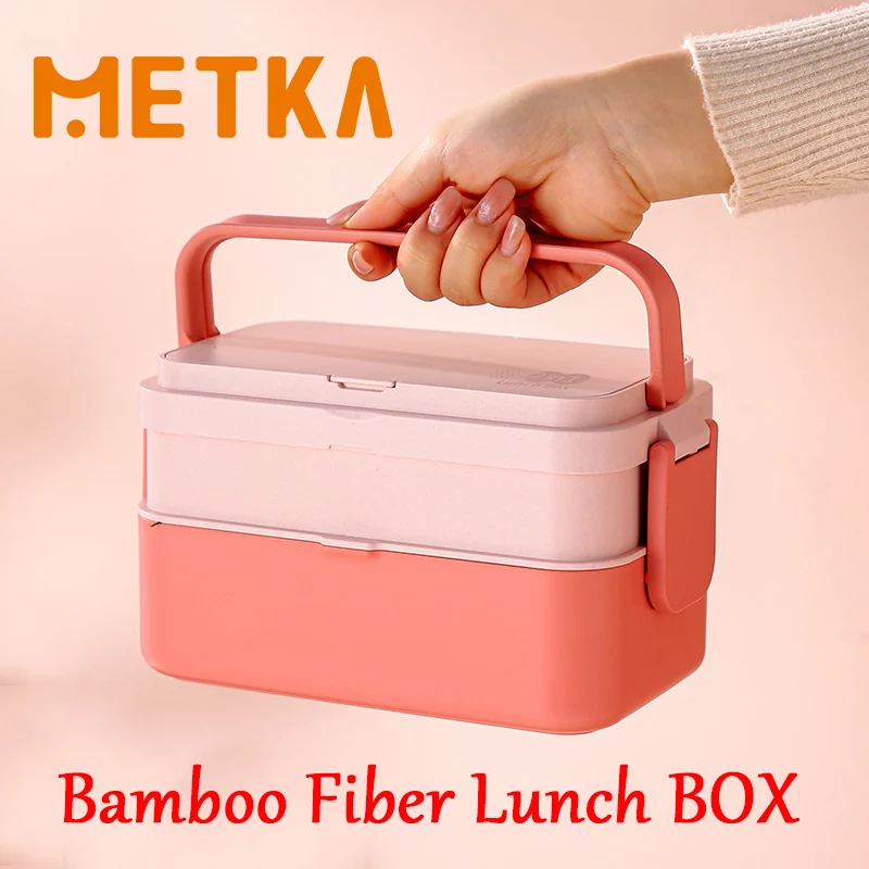 Draagbare Lunchbox Bamboevezel 3in1 Dubbellaags Bento BOX Magnetron Lepel Vork Vrouwen Meisje School Kid Picknick Lunchbox