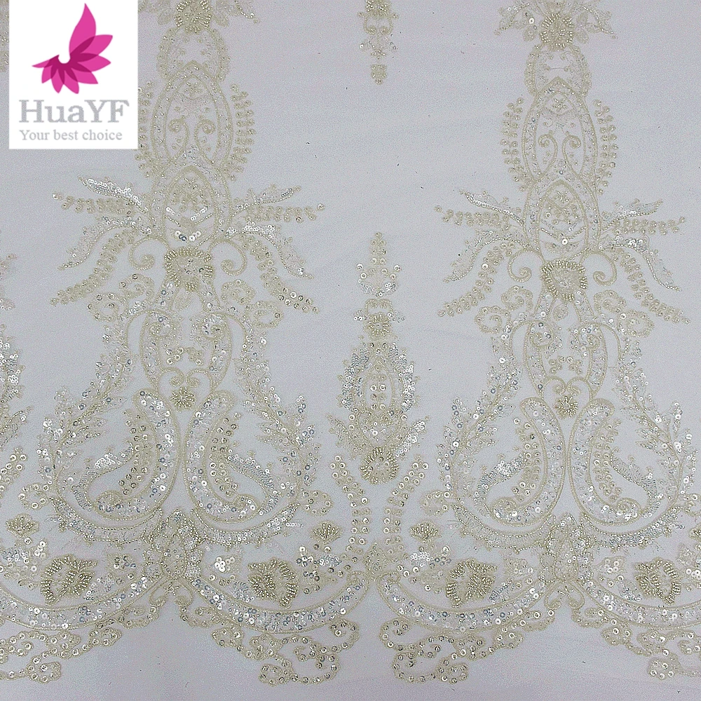 Luxury white French embroidered lace bridal lace fabric, European and American high-end bead tube sequin fashion we Sell By Yard