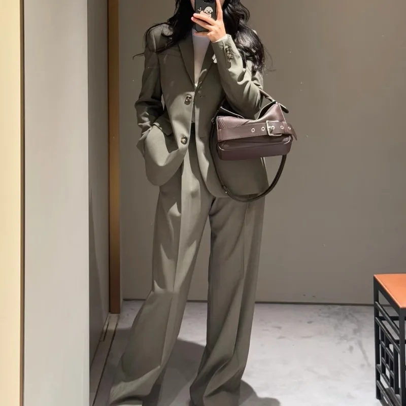 2025 ฤดูใบไม้ร่วงผู้หญิงRetroสีเขียวSlit Blazerและกางเกงเอวยางยืดชุด,high-Endเซ็กซี่แฟชั่นเสื้อและกางเกงสําหรับOffice Lady