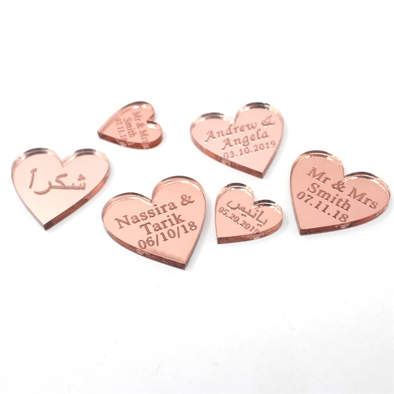 50Pcs Personalized Engraved Gold/Silver Love Hearts Acrylic Wedding Table Party Tags Custom Name Baby Shower Decor Gift Box Tags