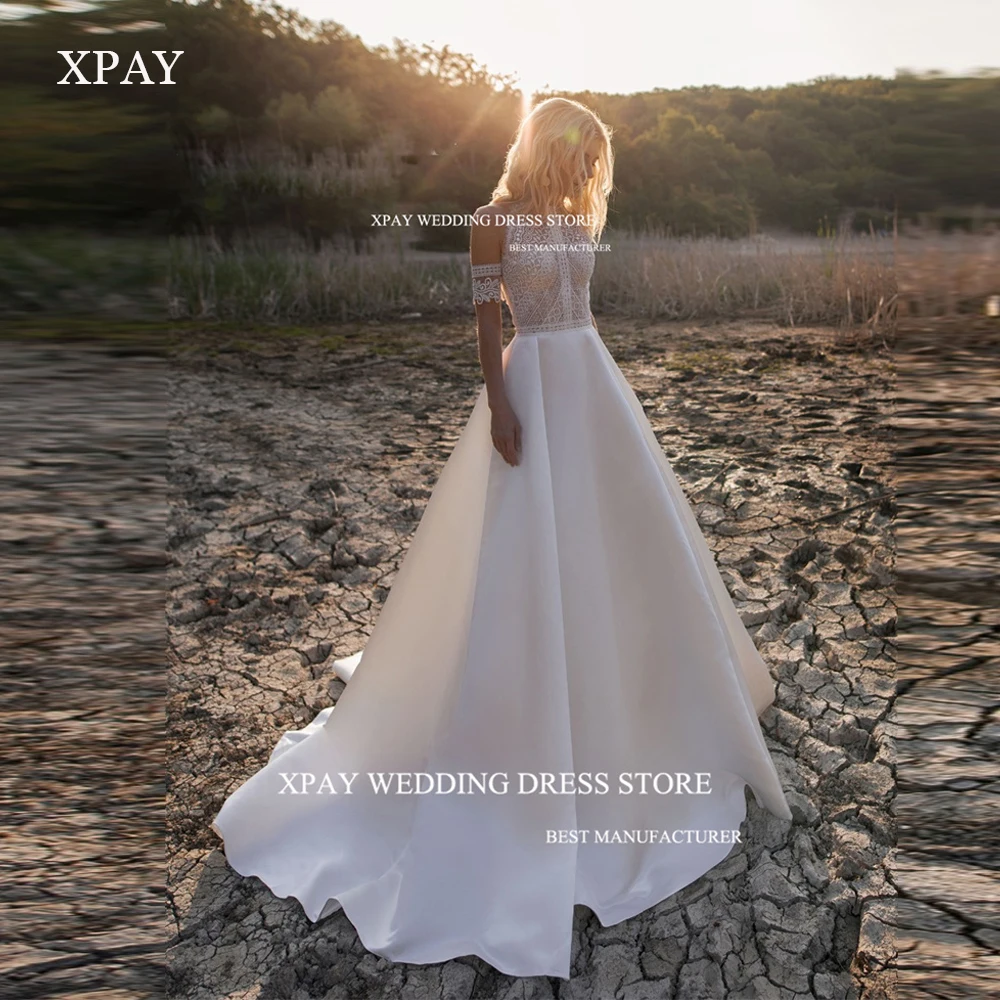 

XPAY A Line Boho Wedding Dresses For Brides 2023 Off The Shoulder Lace Halter Bohemian Bridal Gown With Detachable Sleeves