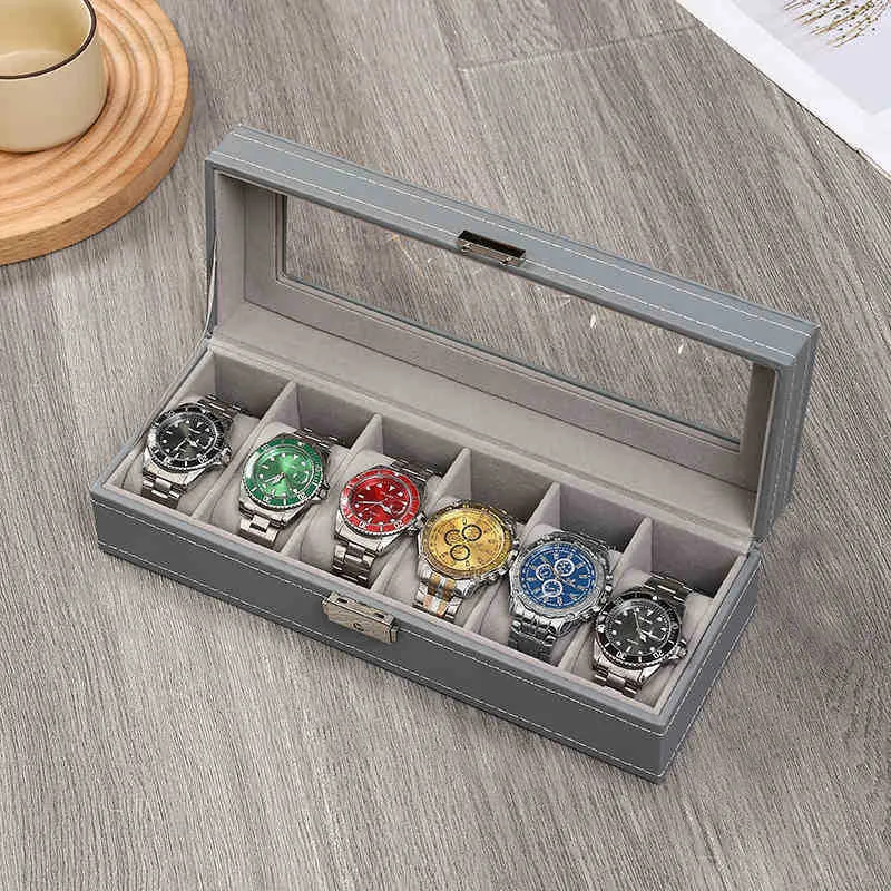 جديد رمادي ساعة جلدية صندوق تخزين صندوق عرض صندوق مجوهرات جمع صندوق جلد عالي Rnd صندوق أكل مع مرآة ماكياج #4