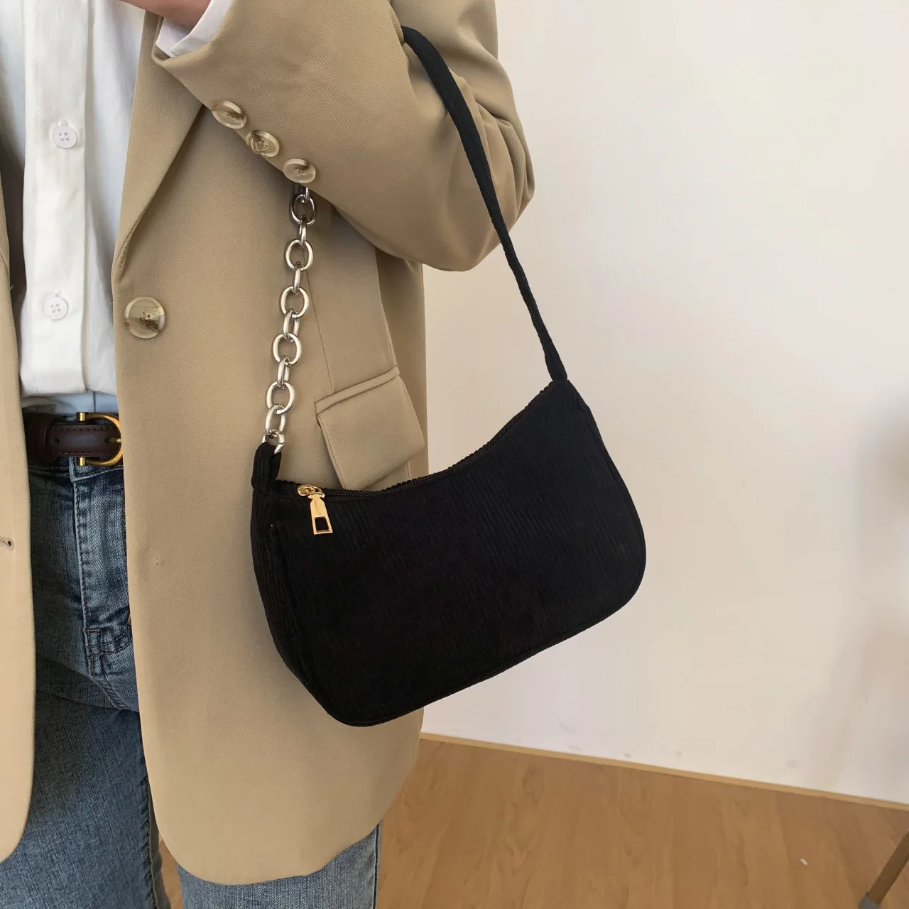 Sacs à main vintage en velours côtelé pour femmes, sacoche sous les bras, décontractée, solide, fermeture éclair, pochette, 2023