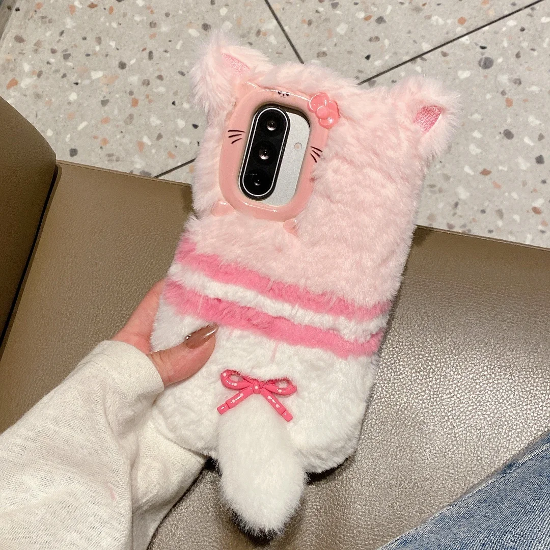 

Ins Korean Cute 3D Cats Ear Phone Case For Samsung Galaxy S25 Ultra S24 S23 A36 A56 A35 A55 5G Pink white Furry Fur Soft Cover﻿