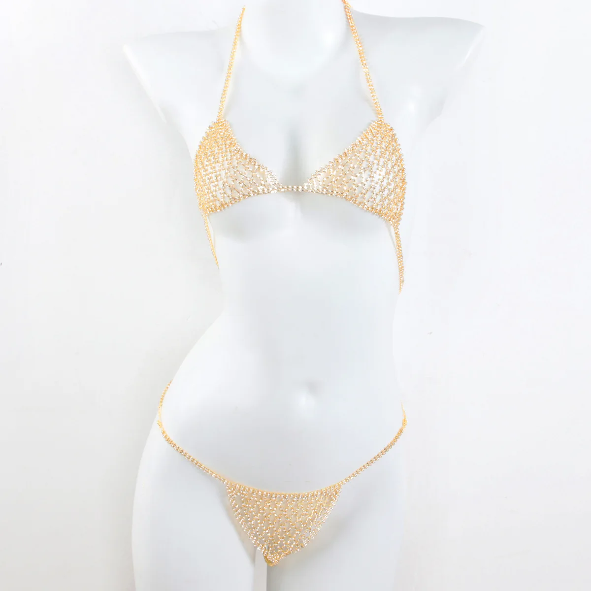 Sexy Grid Like Bikini Style Rhinestone Bra Underwear Two Piece Set  Nightclub Body Chain