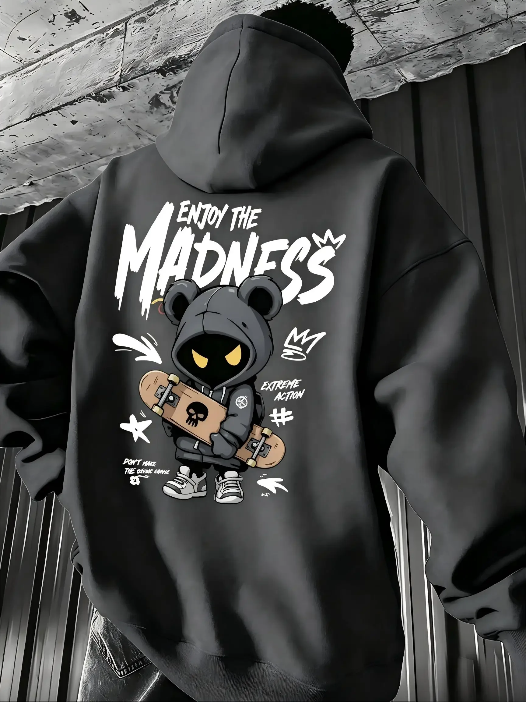 Men Hoodie Sweatshirt Enjoy The Madness Skate Bear Cartoon Back Print Pullover Hooded TopsSleeve Streetwear Loose Autumn Clothes