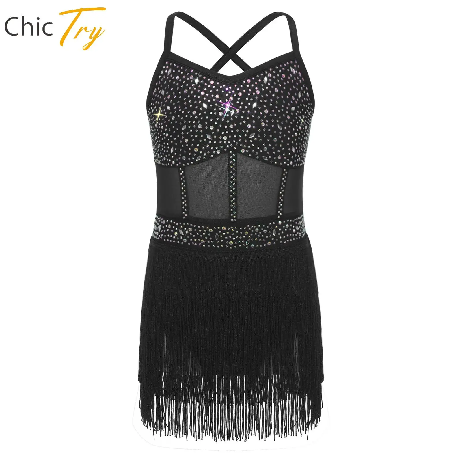 

Kids Girls Rhinestone Latin Tango Dance Leotard Dress Sheer Mesh Tiered Tassel Fringe Dress Figure Skating Performance Dancewear