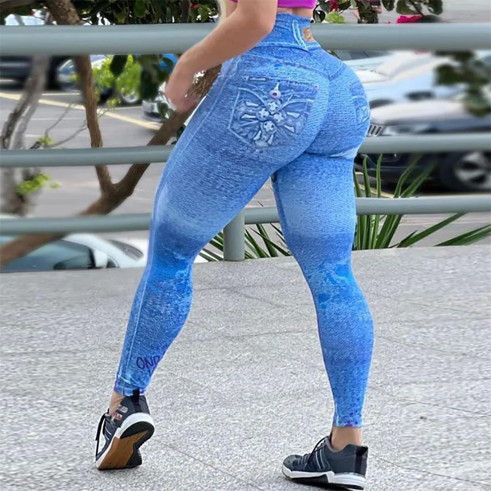 Fccexio Rits Denim Print Hoge Taille Leggins Sport Fitness Leggings Panty Running Workout Broek Push Up Gym Leggings S-3XL