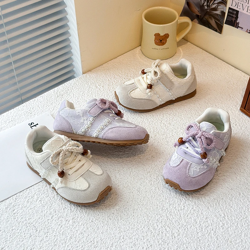 

2025 Children Lace-Up Bow White Flat Ballet Style Sports Shoes Breathable Comfortable Spring Casual Lace Mesh Sneakers