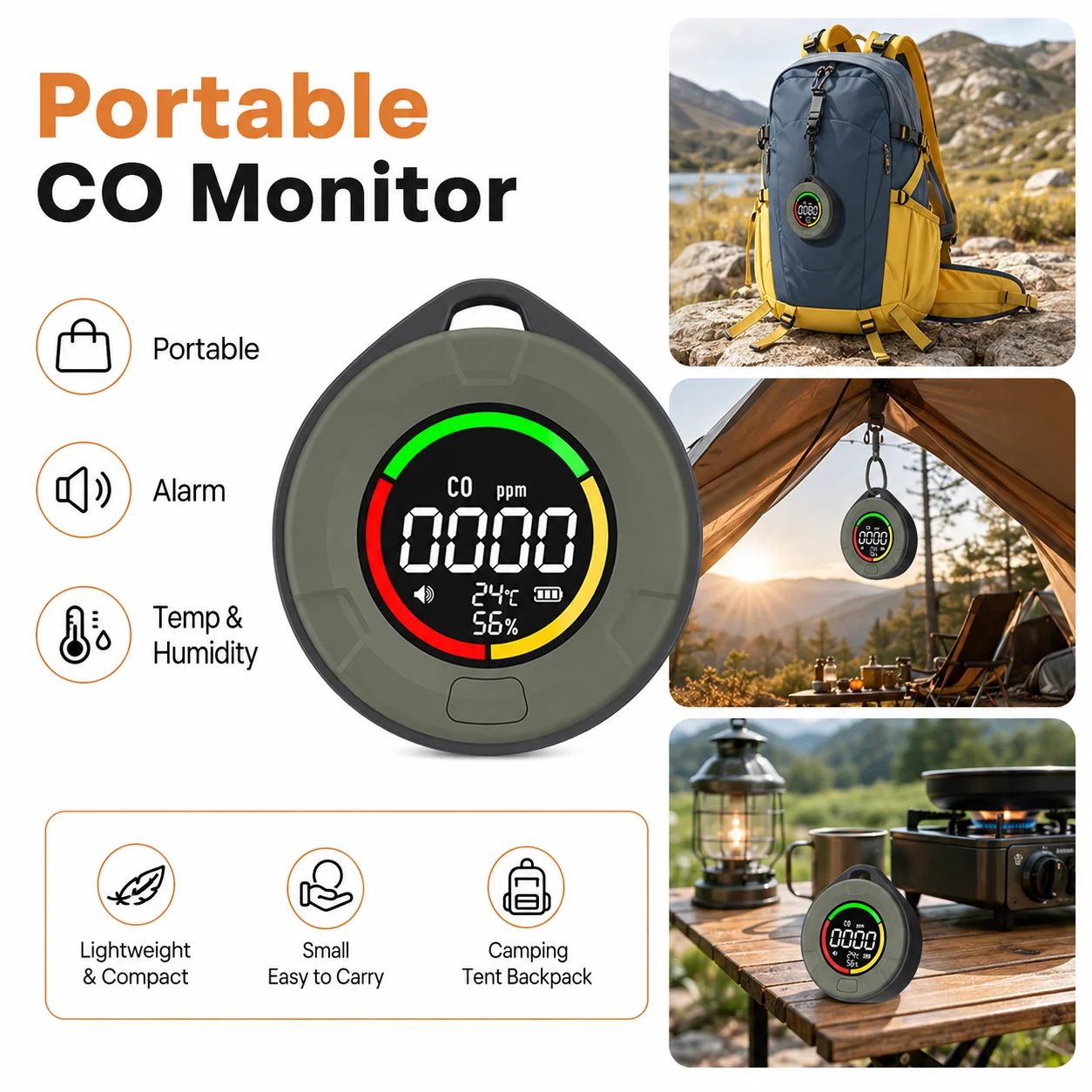 3 in 1 Carbon Monoxide Detector Portable CO Alarm Temperature Humidity Display USB C Rechargeable for Camping RV Home Safety