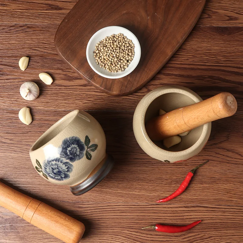 1PC Crackle Glaze Ceramic Mortar And Pestle Manual Kitchen Grinder Retro Style Grinding Bowl For Mashing Garlic Chili Herbs