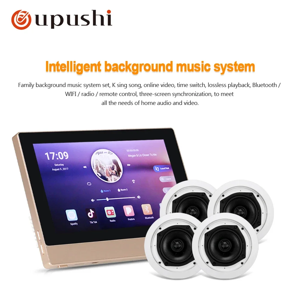 

Oupushi smart home sound system 7 inch wall amplifier with quality ceiling speaker wireless 8*25W digital audio 2 zone amp