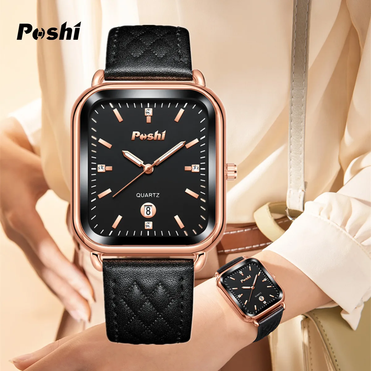 POSHI Fashion Quartz Watch for Women Luxury Soft Leather Strap Women\'s Wristwatch Calendar Simple Dial Original Clock