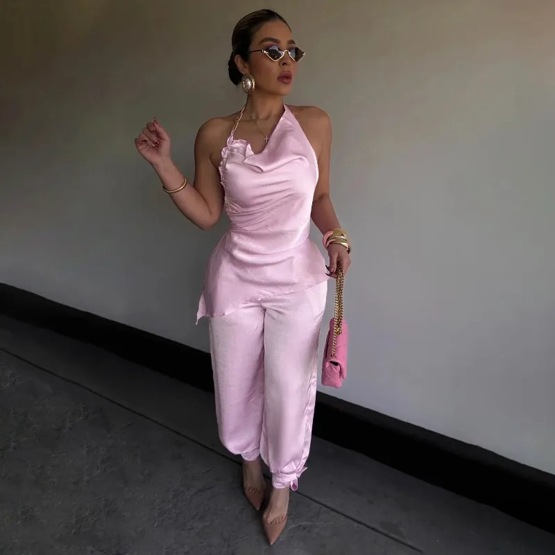 

Элегантный комплект Doyerl для женщин: топ-халтер с открытой спиной и свободные брюки-фонарики, 2 предмета, для вечеринок и клубов