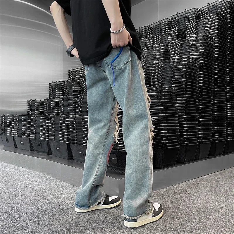 

PantsRetro High Street Hip Hop Blue Jeans Men Loose High Waist Trousers 2024 Men Spring Straight Ripped Wide Leg Denim Pants