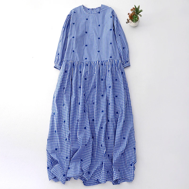 

Blue Embroidery Dress Women Summer Fashion 3/4 Sleeve Plaid Cotton Dresses Design Back Button A-line Vestido Casual Clothes N613